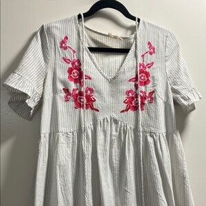 White Striped Dress with Pink Floral Embroidery Sun Dress